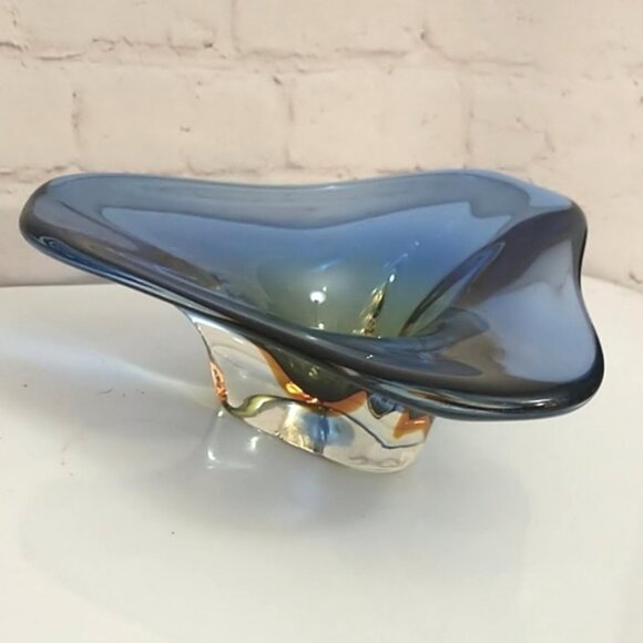 Vintage Murano Sommerso Blue And Amber Triangular Art Glass Bowl